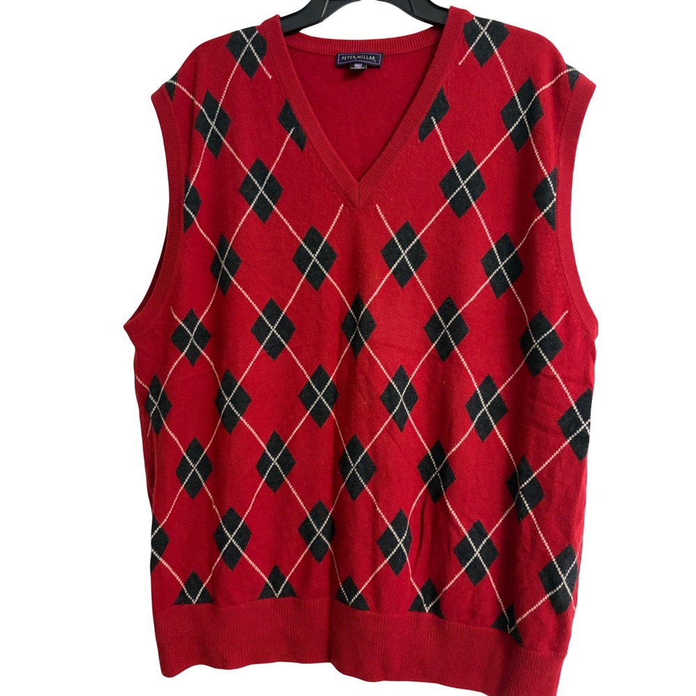 Peter Millar Sweater Vest XL Red Argyle, Cashmere, V-Neck, Golf, Preppy, Luxury